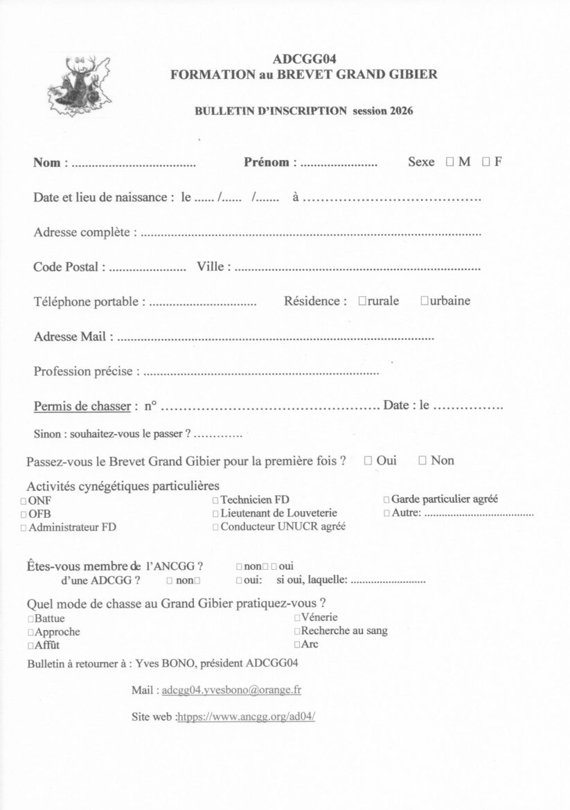 BREVET GRAND GIBIER 2026 inscription à la formation